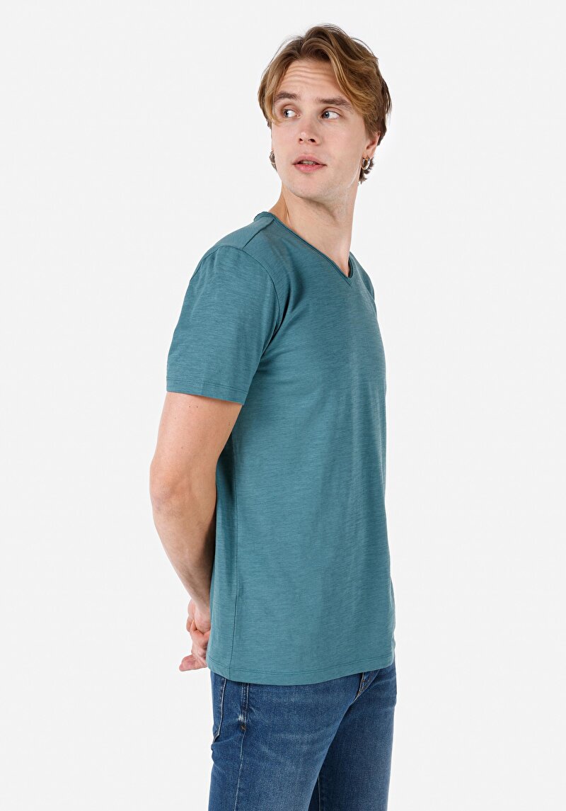 Regular Fit V Yaka Düz Erkek Yeşil Kısa Kol Tişört
