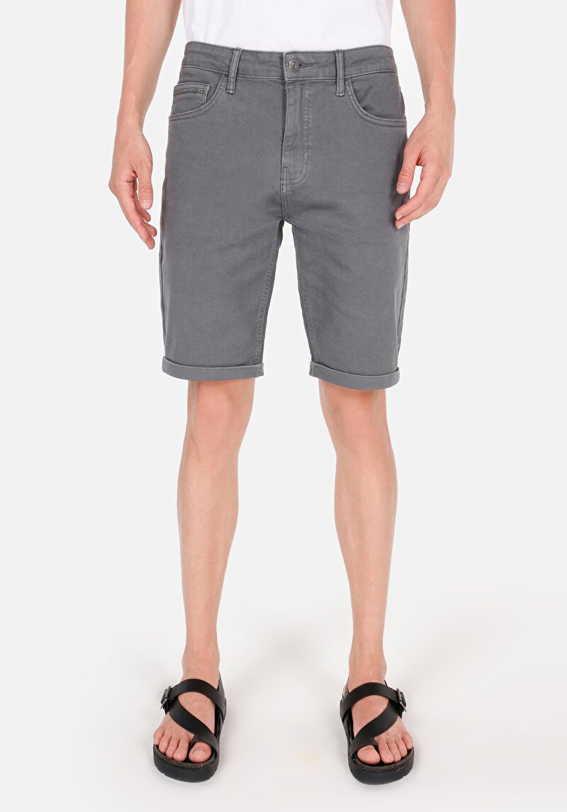 Regular Fit Orta Bel Düz Erkek Gri Şort