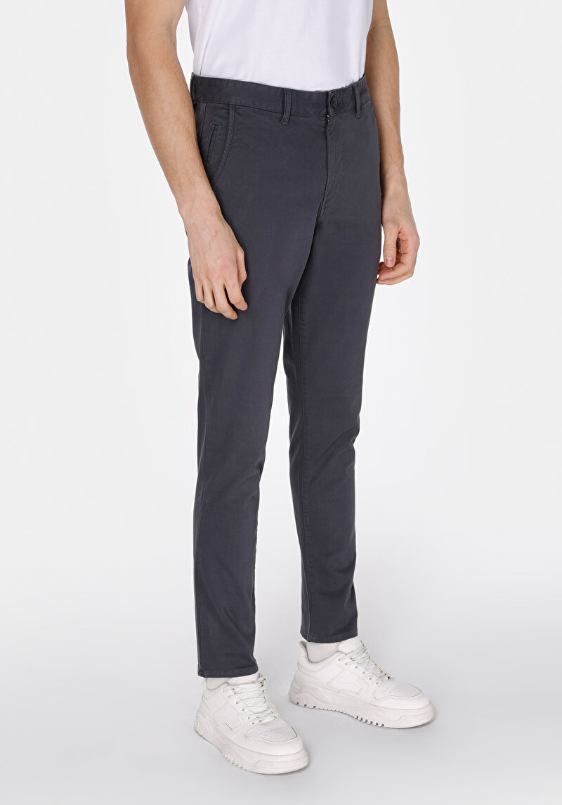 Slim Fit Orta Bel Düz Paça Erkek Gri Düğmeli Pantolon