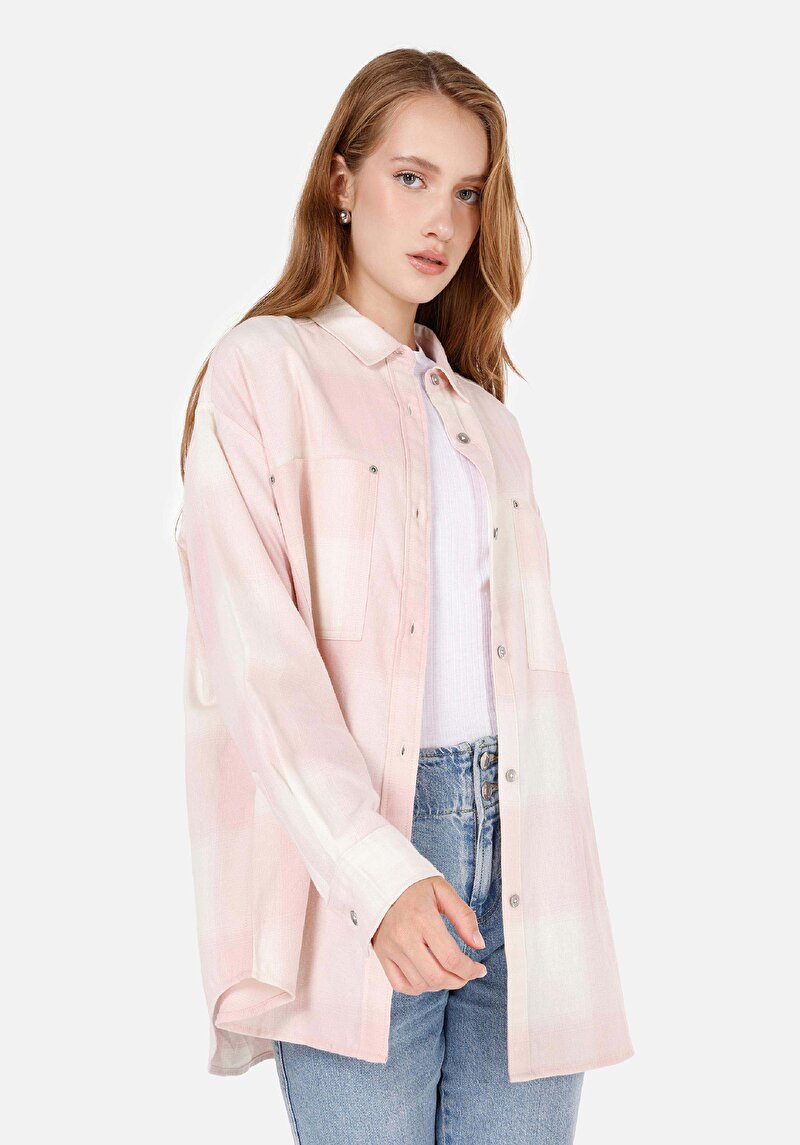 Relax Fit Shirt Neck Kadın Pembe Uzun Kol Gömlek