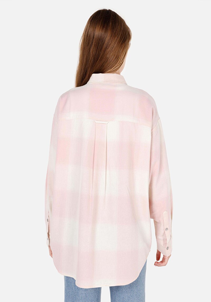 Relax Fit Shirt Neck Kadın Pembe Uzun Kol Gömlek