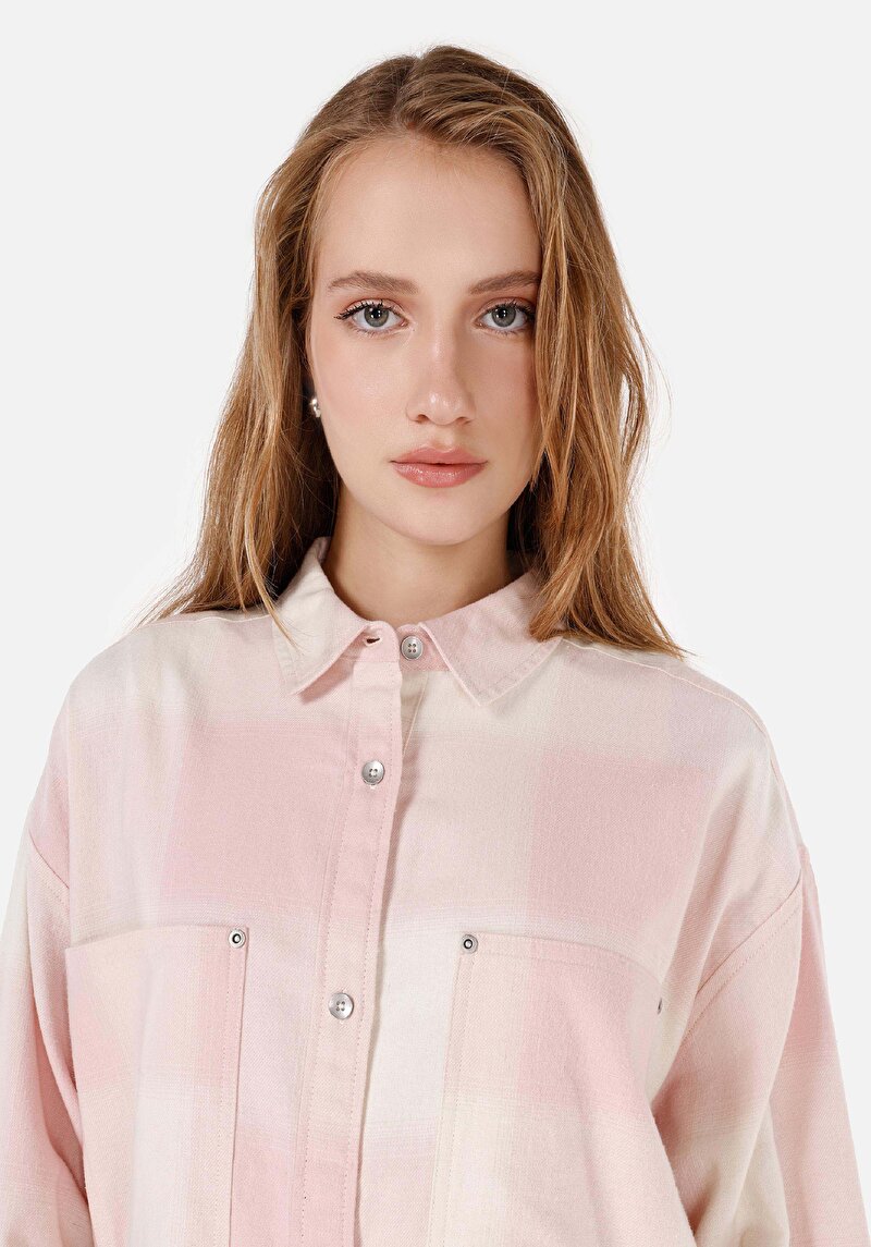 Relax Fit Shirt Neck Kadın Pembe Uzun Kol Gömlek