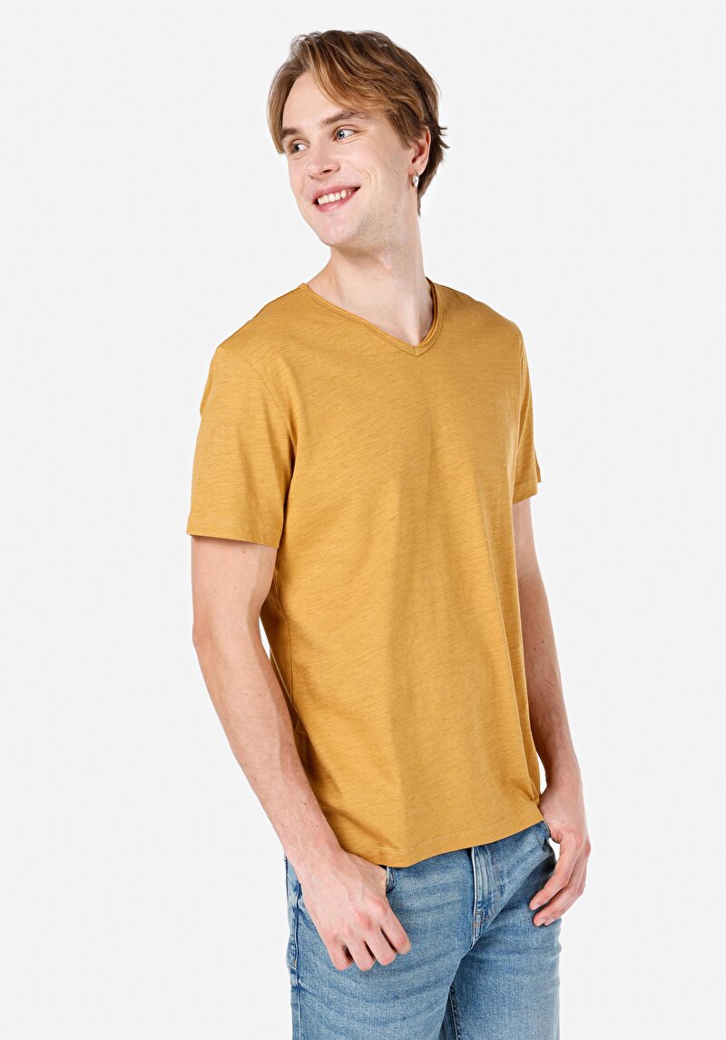 Regular Fit V Yaka Düz Erkek Sari Kısa Kol Tişört