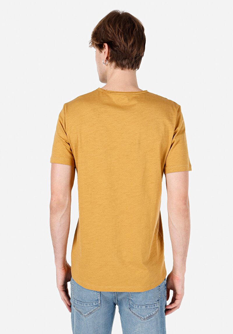 Regular Fit V Yaka Düz Erkek Sari Kısa Kol Tişört
