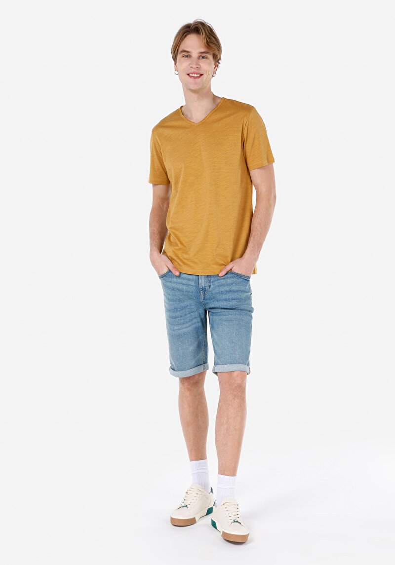 Regular Fit V Yaka Düz Erkek Sari Kısa Kol Tişört