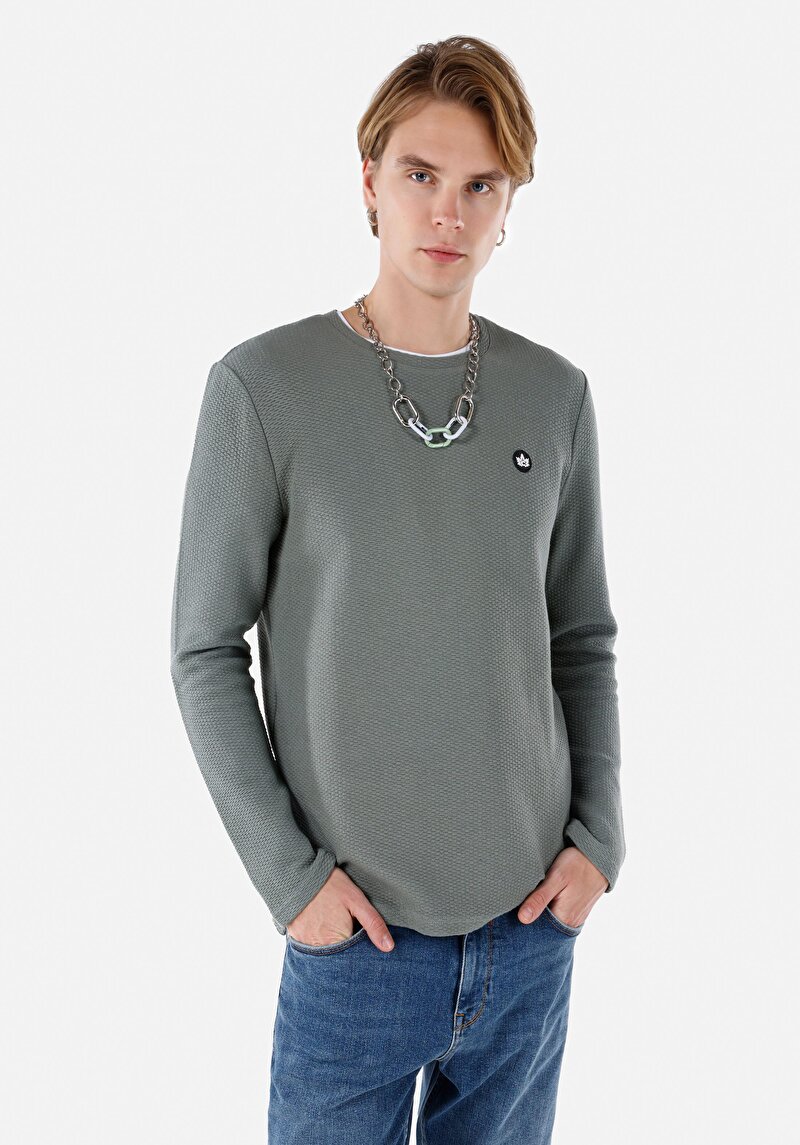 Regular Fit Yuvarlak Yaka Örme Erkek Yeşil Uzun Kol Tişört