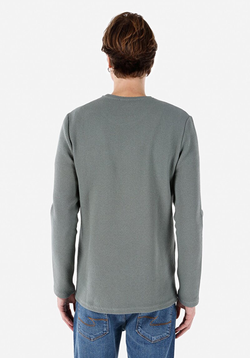 Regular Fit Yuvarlak Yaka Örme Erkek Yeşil Uzun Kol Tişört