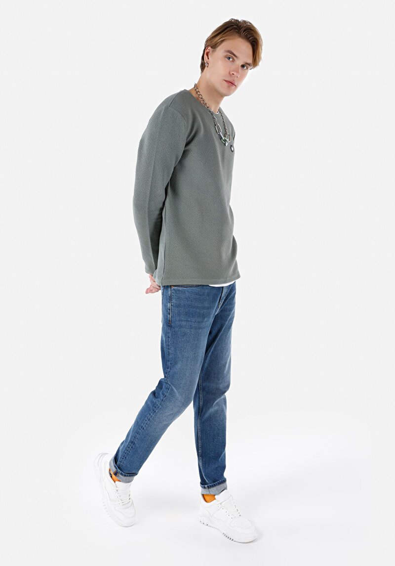 Regular Fit Yuvarlak Yaka Örme Erkek Yeşil Uzun Kol Tişört