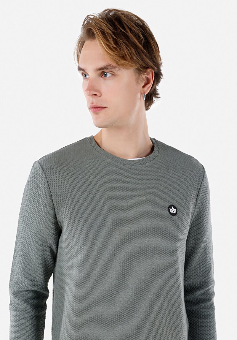 Regular Fit Yuvarlak Yaka Örme Erkek Yeşil Uzun Kol Tişört