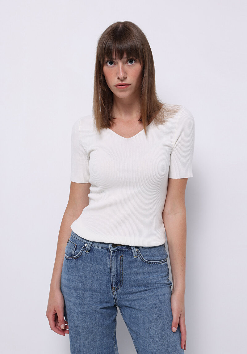 Regular Fit Shirt Neck Ekoseli Kadın Beyaz Uzun Kol Gömlek