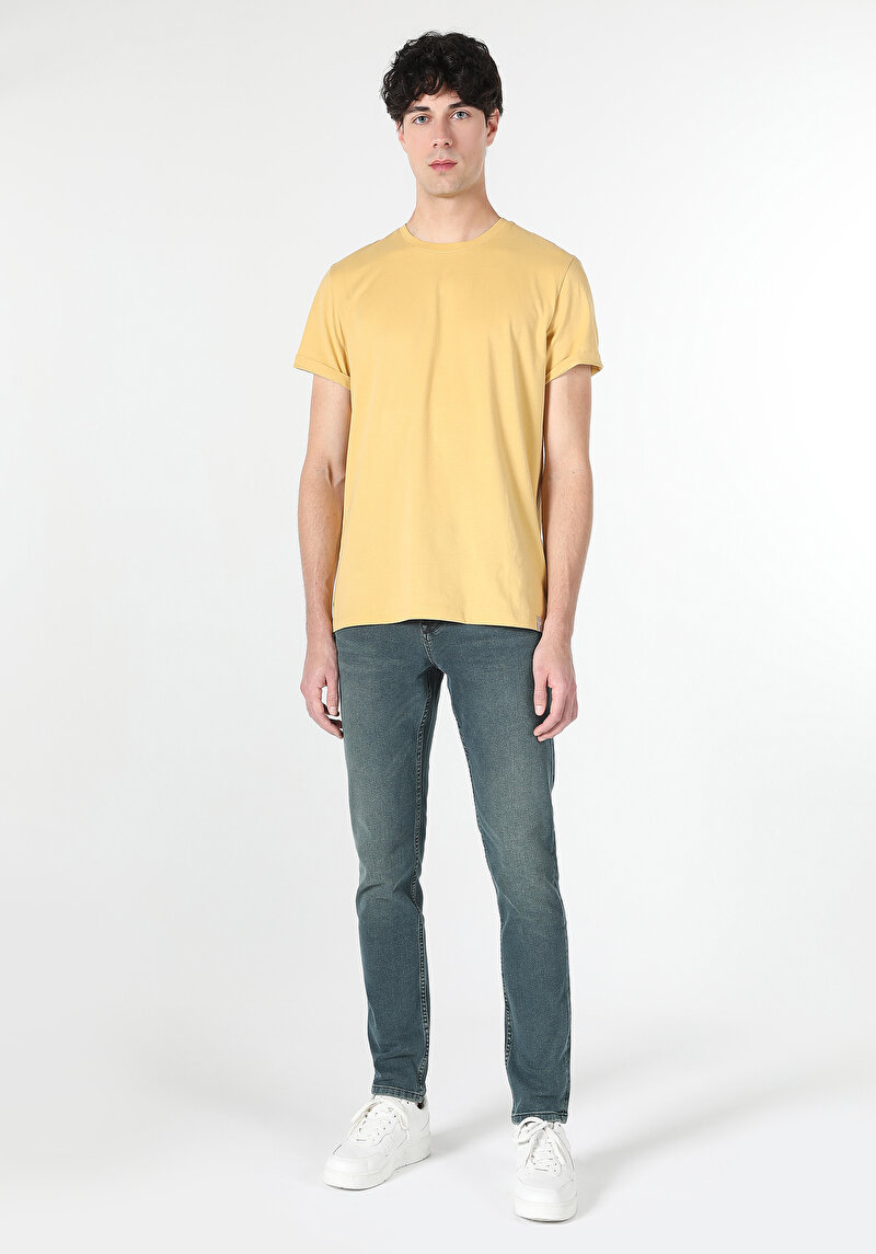 Regular Fit Yuvarlak Yaka Düz Erkek Sari Kısa Kol Örme Tişört