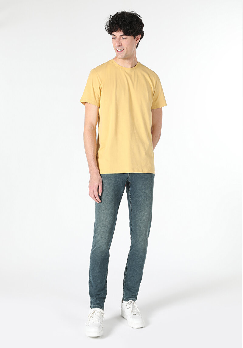 Regular Fit Yuvarlak Yaka Düz Erkek Sari Kısa Kol Örme Tişört