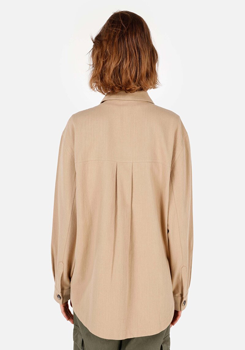 Regular Fit Shirt Neck Kadın Bej Uzun Kol Gömlek