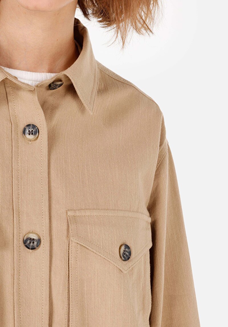 Regular Fit Shirt Neck  Kadın Bej Uzun Kol Gömlek