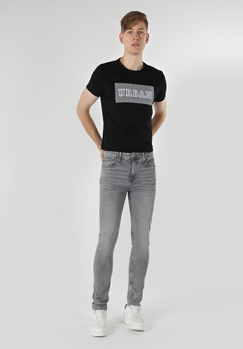 Skinny Fit Yüksek Bel Dar Paça Erkek Gri Jean Pantolon