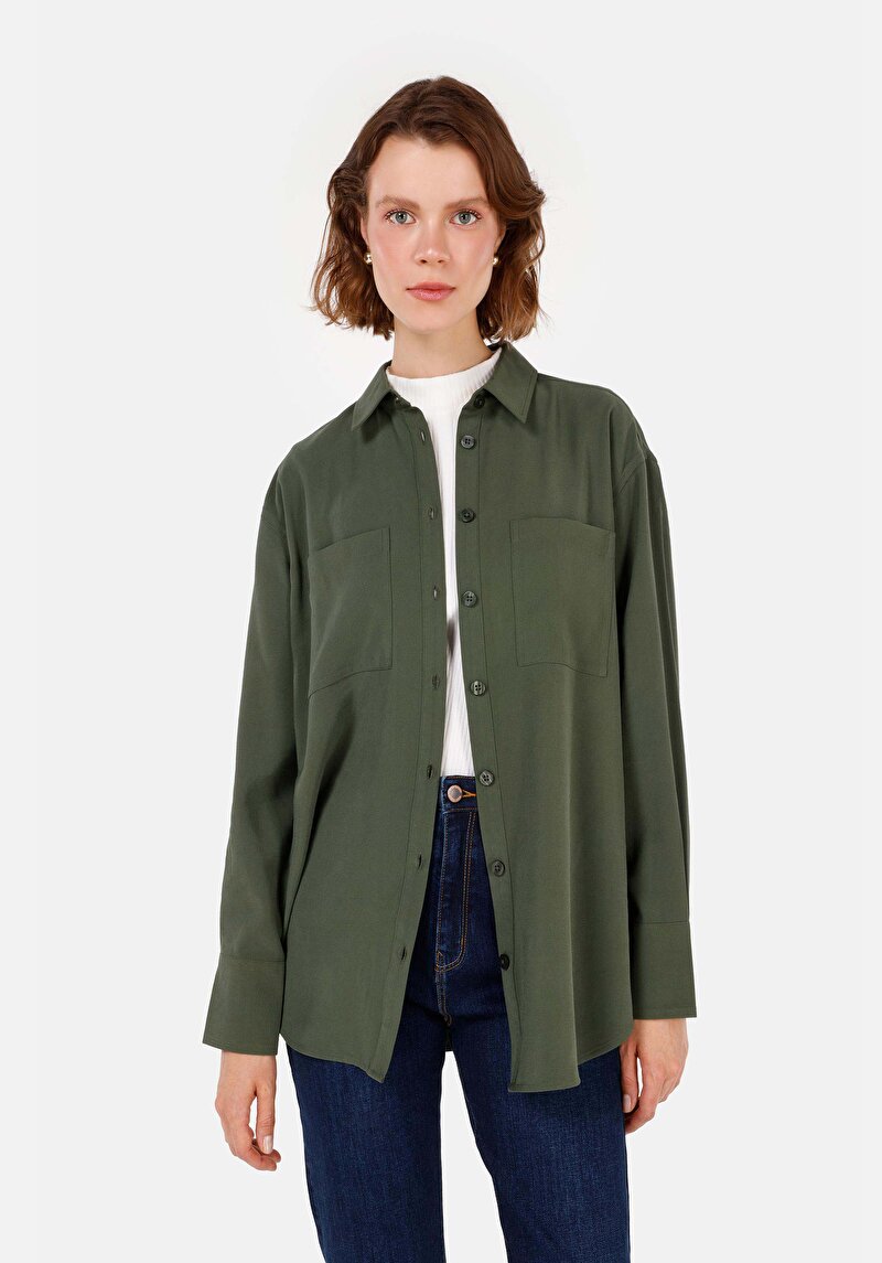 Relax Fit Dokuma Shirt Neck Kadın Yeşil Uzun Kol Gömlek