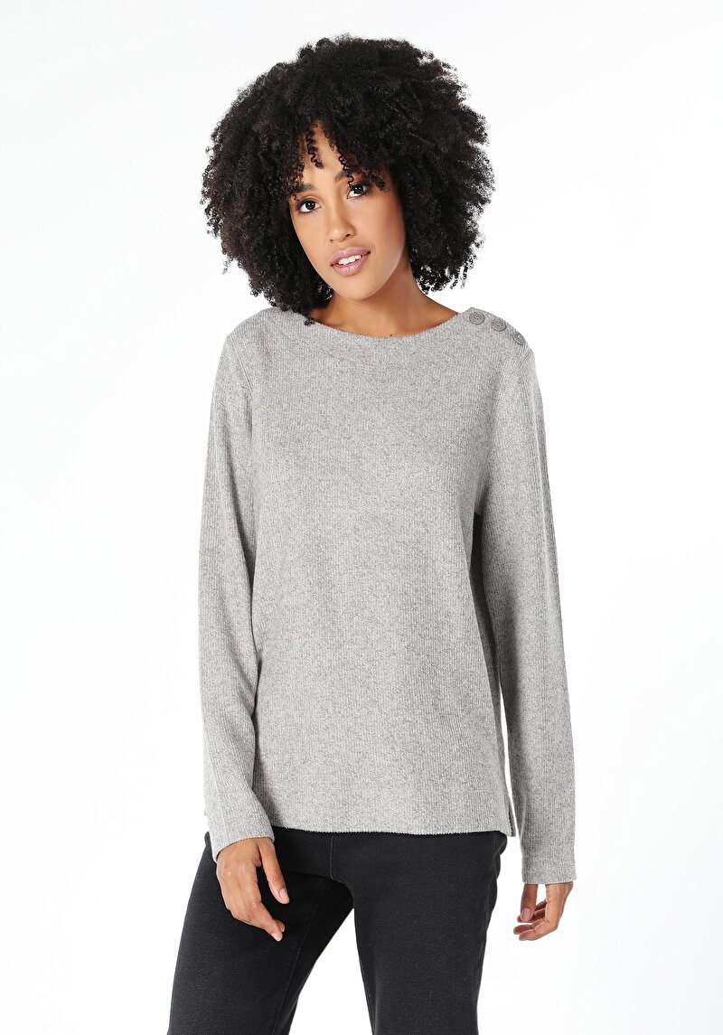 Regular Fit Yuvarlak Yaka Düz Kadın Gri Uzun Kol Tişört
