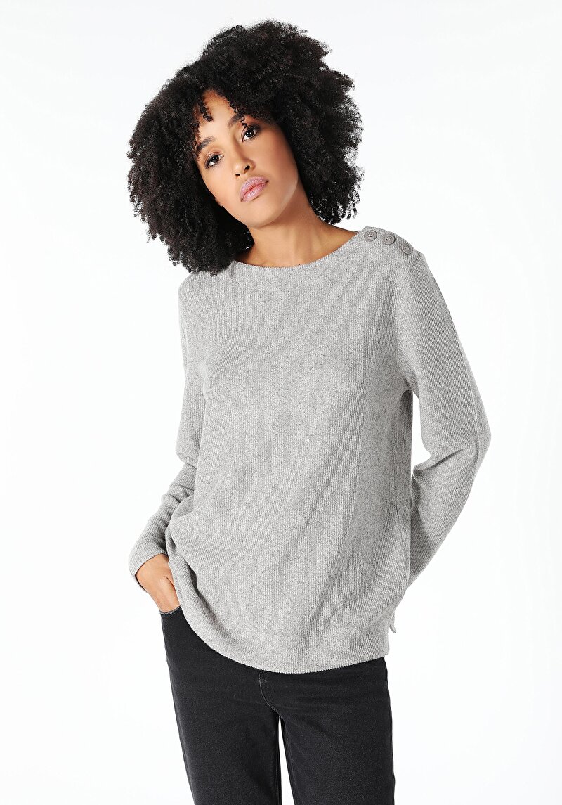 Regular Fit Yuvarlak Yaka Düz Kadın Gri Uzun Kol Tişört