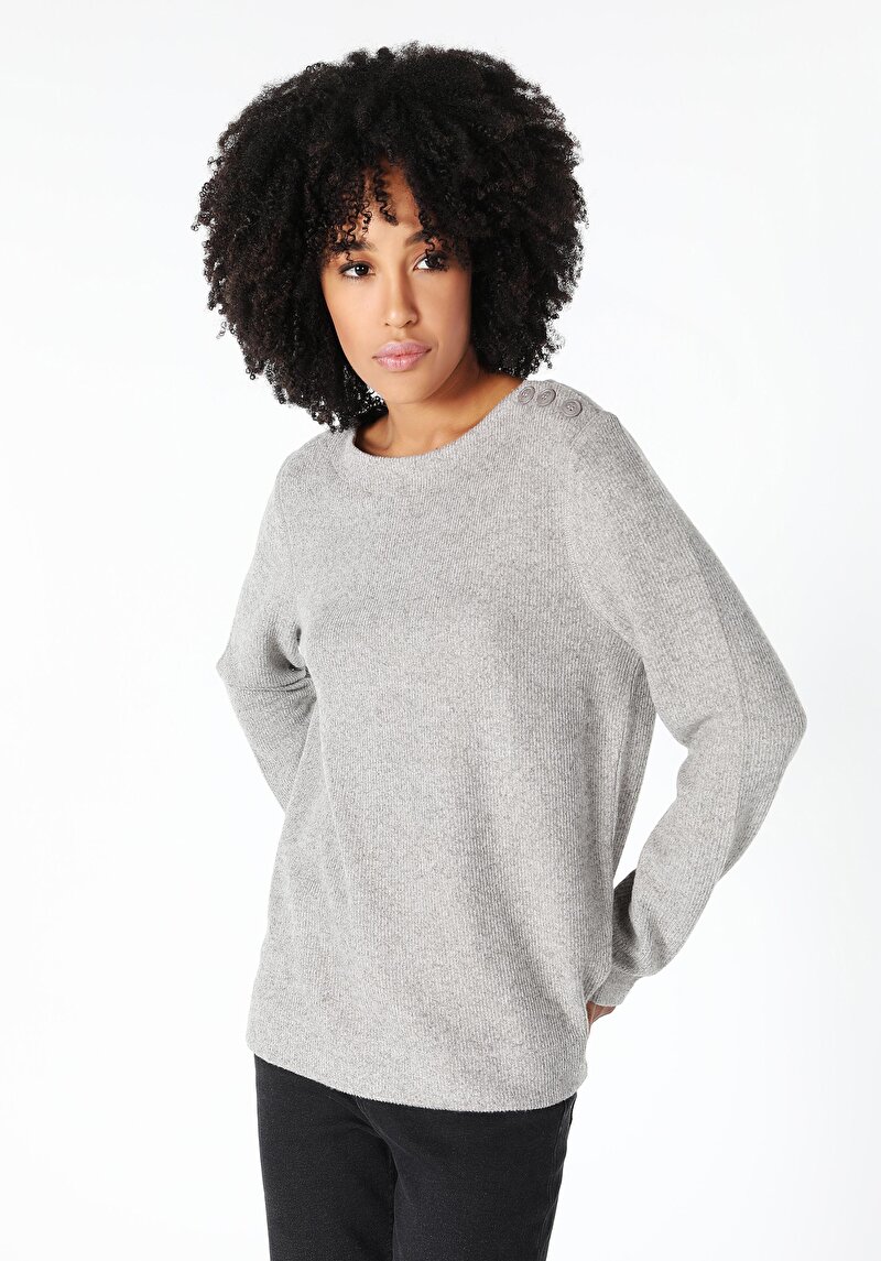 Regular Fit Yuvarlak Yaka Düz Kadın Gri Uzun Kol Tişört