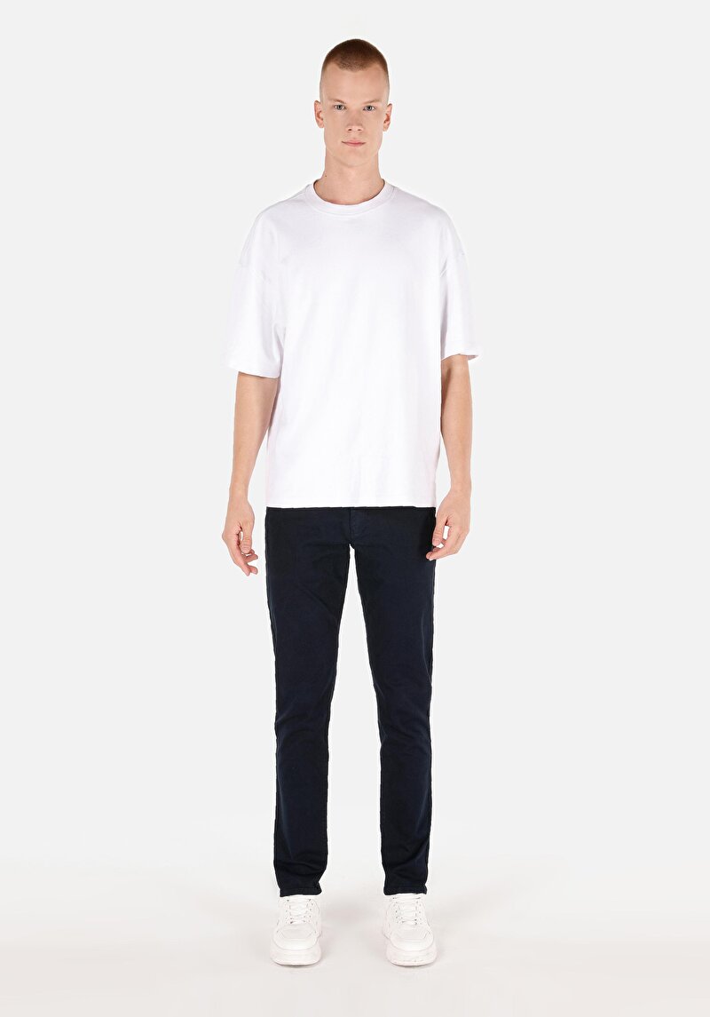Slim Fit Orta Bel Düz Paça Erkek Lacivert Düğmeli Pantolon