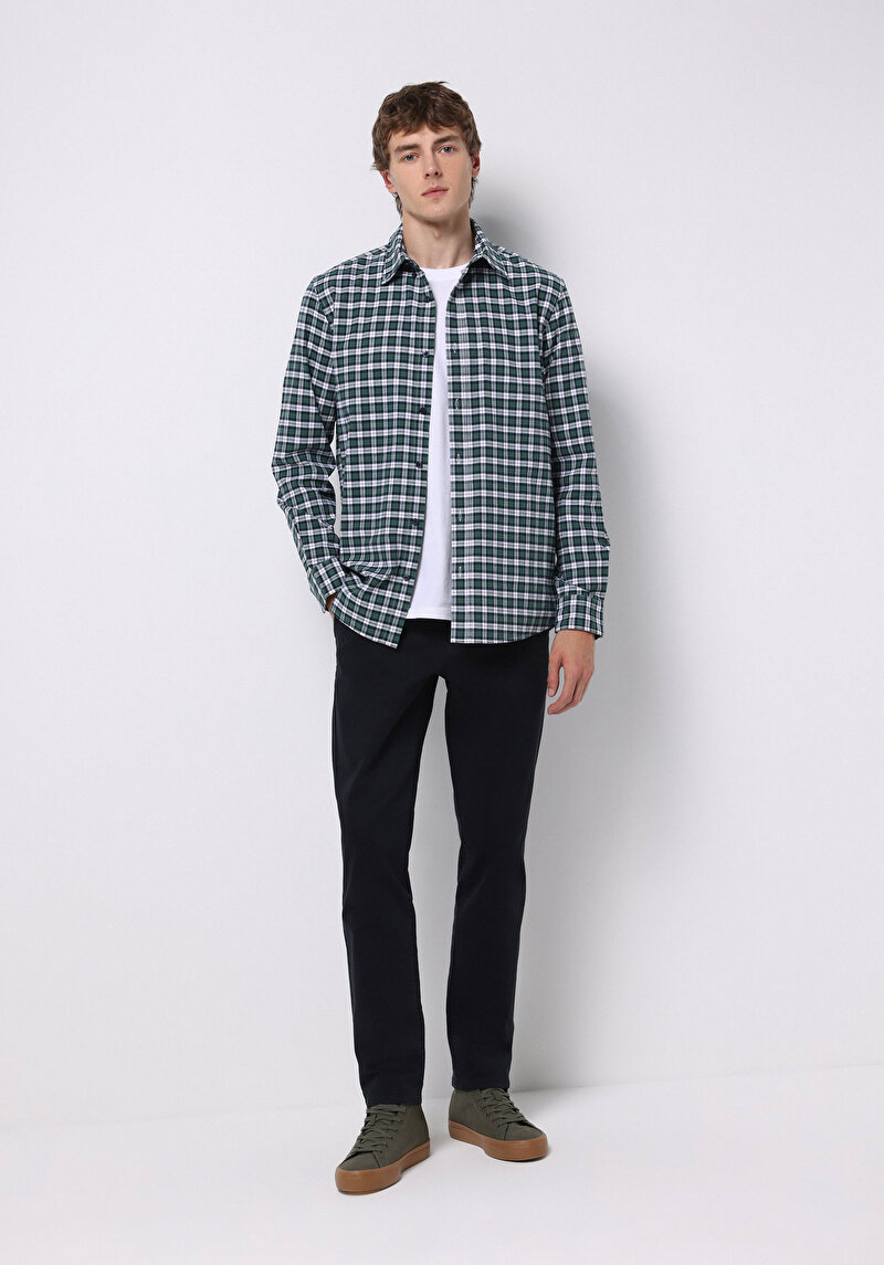 Slim Fit Orta Bel Düz Paça Erkek Lacivert Düğmeli Pantolon