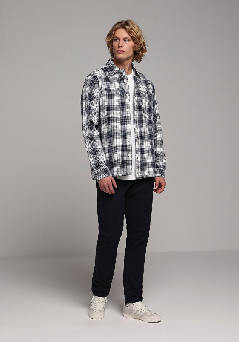 Slim Fit Orta Bel Düz Paça Erkek Lacivert Düğmeli Pantolon