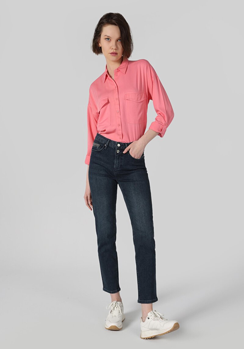 Slim Fit Orta Bel Düz Paça Kadın İndigo Jean Pantolon