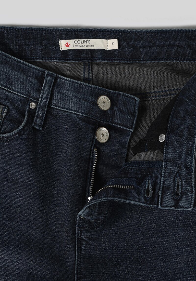 Slim Fit Orta Bel Düz Paça Kadın İndigo Jean Pantolon