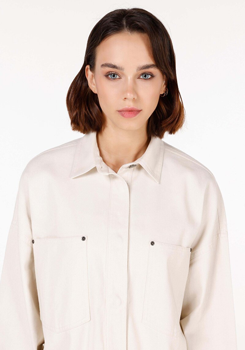 Relax Fit Shirt Neck Kadın Ekru Roll-Up Gömlek