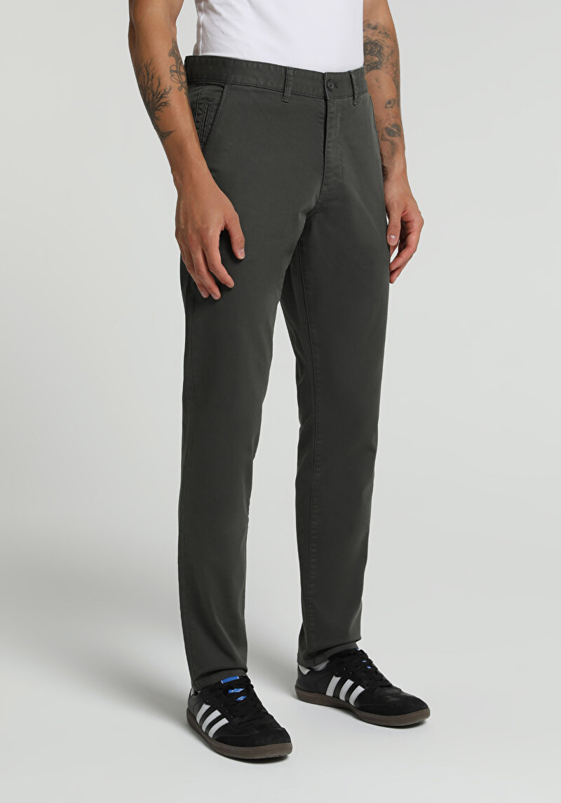 Slim Fit Orta Bel Düz Paça Erkek Yeşil Pantolon
