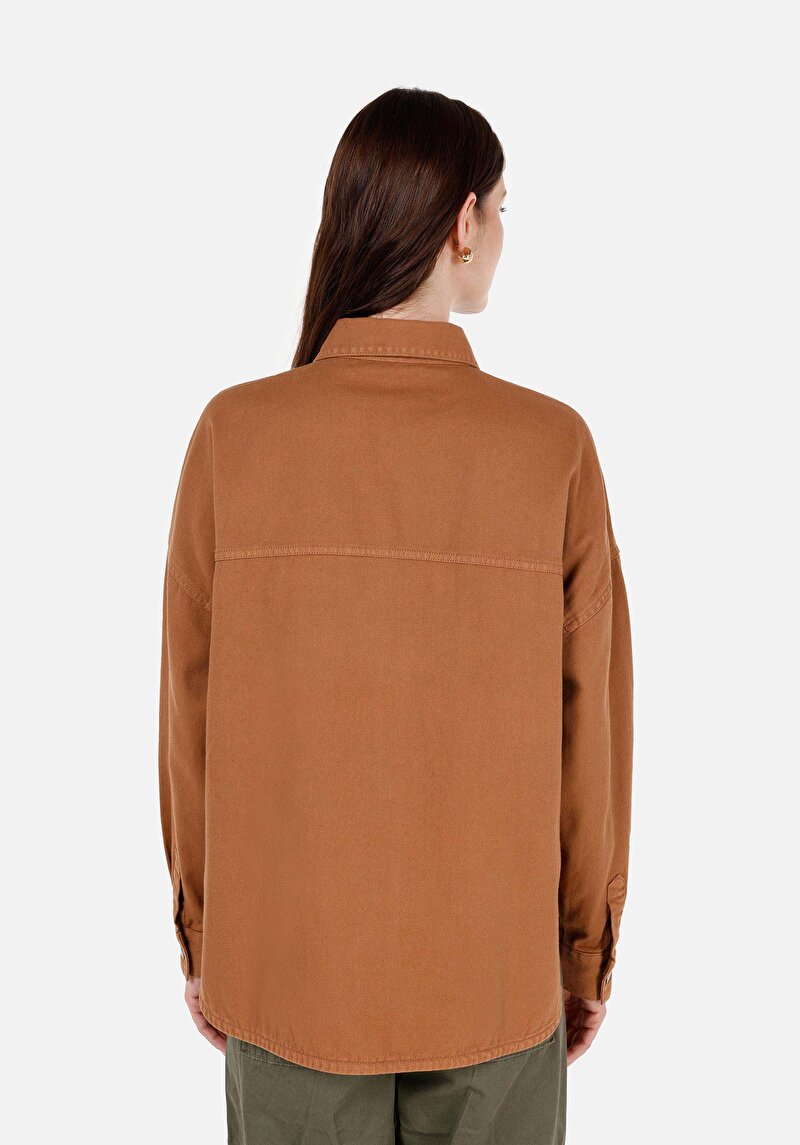 Relax Fit Shirt Neck Kadın Kahverengi Roll-up Gömlek