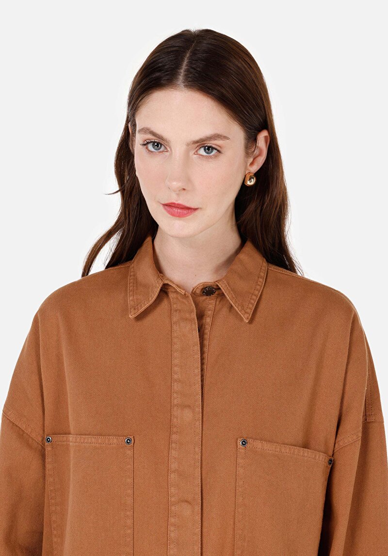 Relax Fit Shirt Neck Kadın Kahverengi Roll-up Gömlek