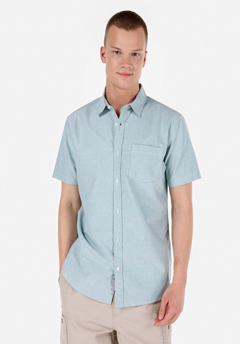 Regular Fit Shirt Neck Cepli Düz Erkek Yeşil Kısa Kol Gömlek