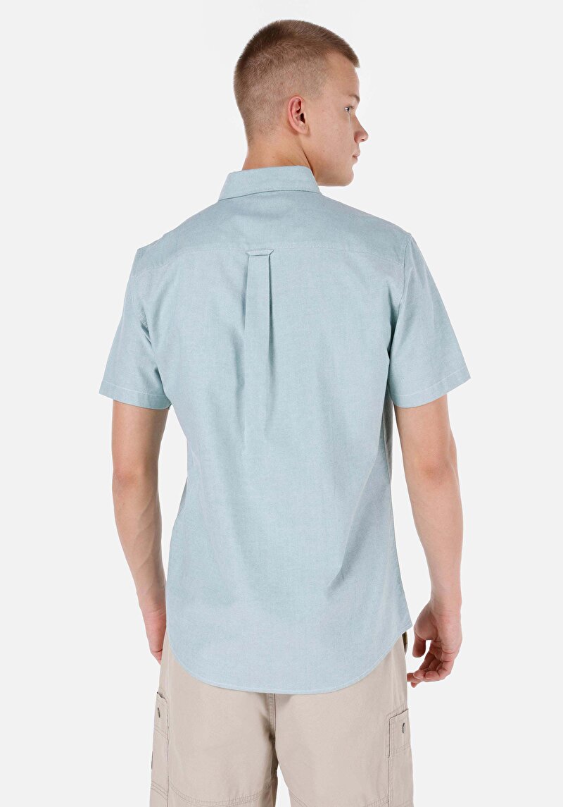 Regular Fit Shirt Neck Cepli Düz Erkek Yeşil Kısa Kol Gömlek