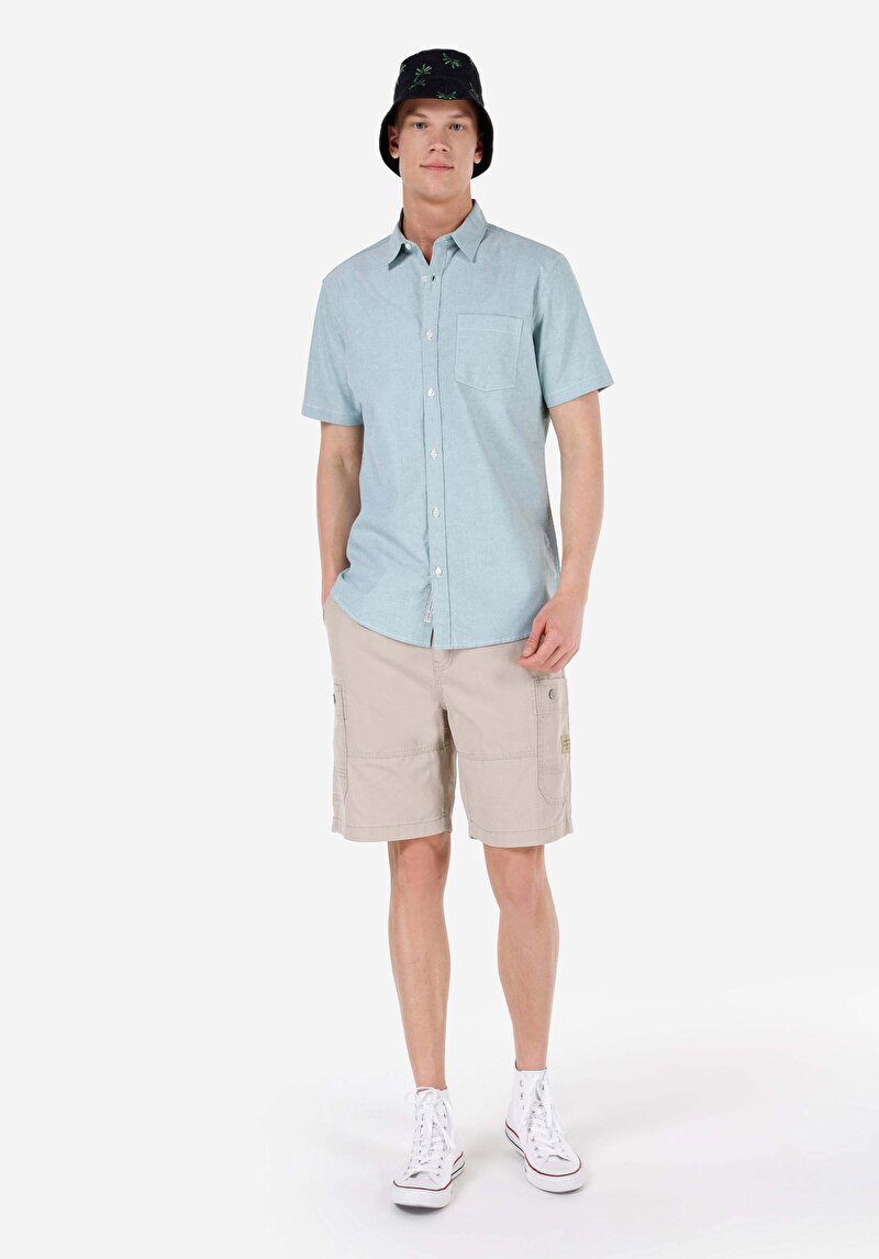 Regular Fit Shirt Neck Cepli Düz Erkek Yeşil Kısa Kol Gömlek