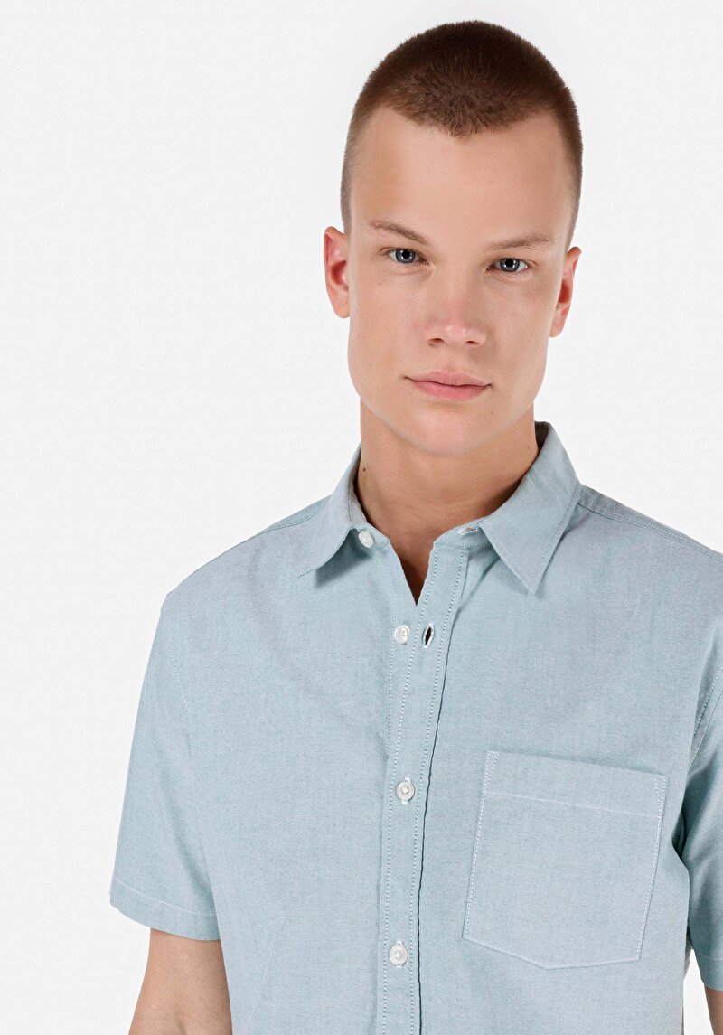 Regular Fit Shirt Neck Cepli Düz Erkek Yeşil Kısa Kol Gömlek