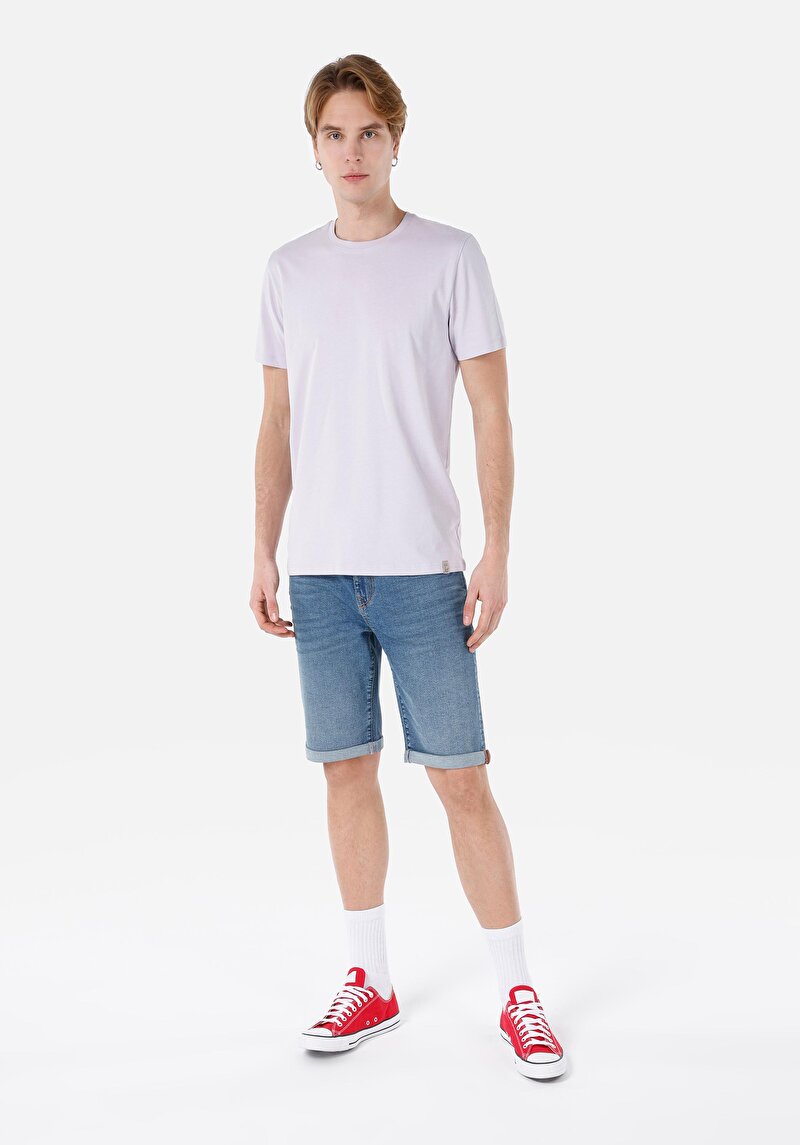 Regular Fit Yuvarlak Yaka Düz Erkek Mor Kısa Kol Tişört