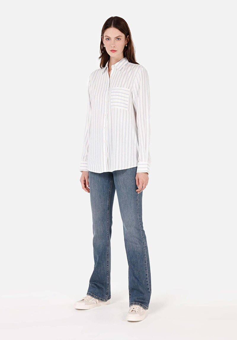Regular Fit Shirt Neck  Kadın Beyaz Uzun Kol Gömlek