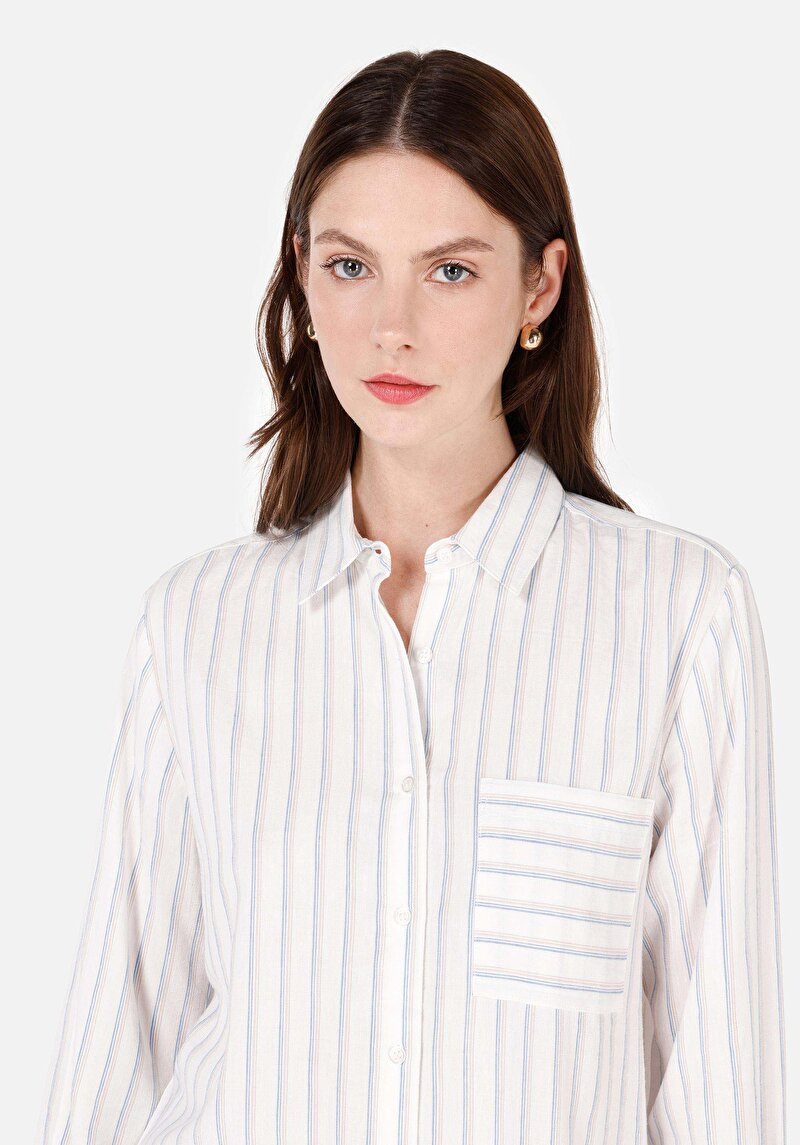 Regular Fit Shirt Neck  Kadın Beyaz Uzun Kol Gömlek