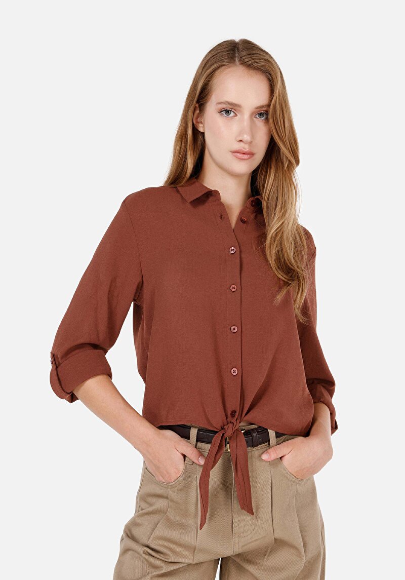 Regular Fit Shirt Neck  Kadın Kahverengi Roll-up Gömlek