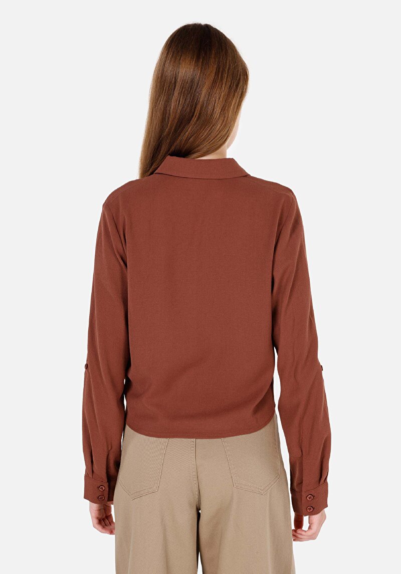 Regular Fit Shirt Neck Kadın Kahverengi Roll-Up Gömlek