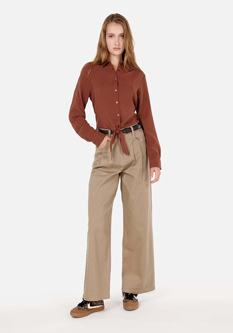 Regular Fit Shirt Neck Kadın Kahverengi Roll-Up Gömlek