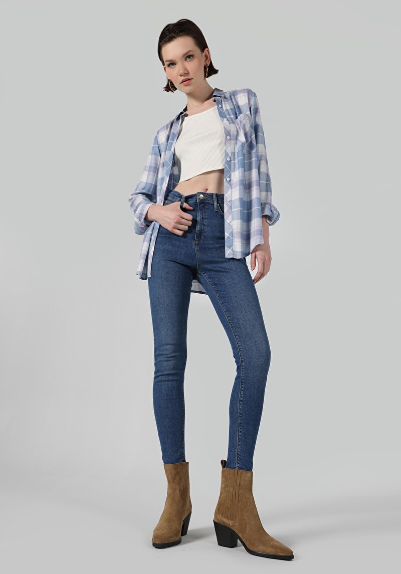 Skinny Fit Yüksel Bel Dar Paça Fermuarlı Kadın İndigo Jean Pantolon