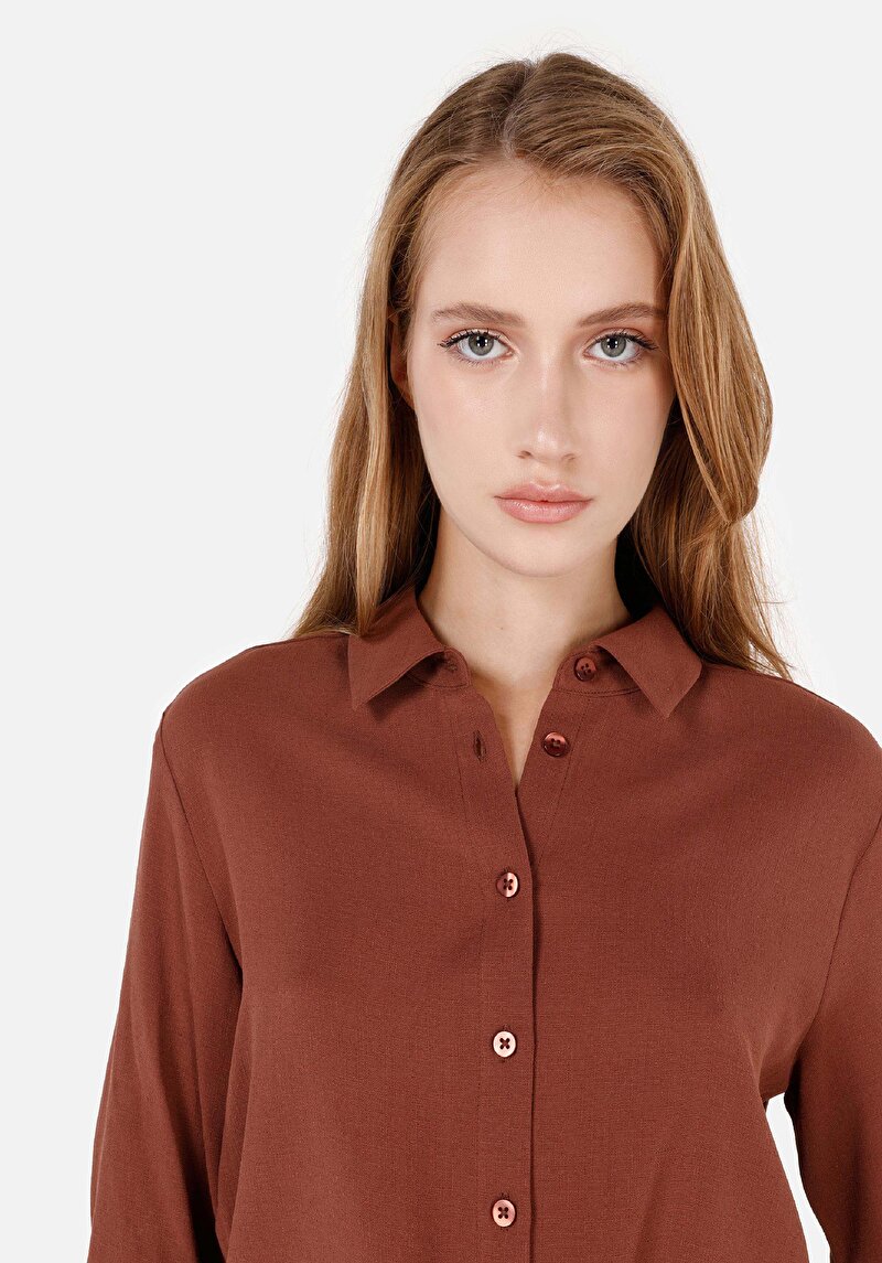 Regular Fit Shirt Neck  Kadın Kahverengi Roll-up Gömlek