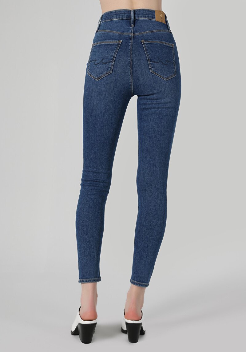 Skinny Fit Yüksel Bel Dar Paça Fermuarlı Kadın İndigo Jean Pantolon