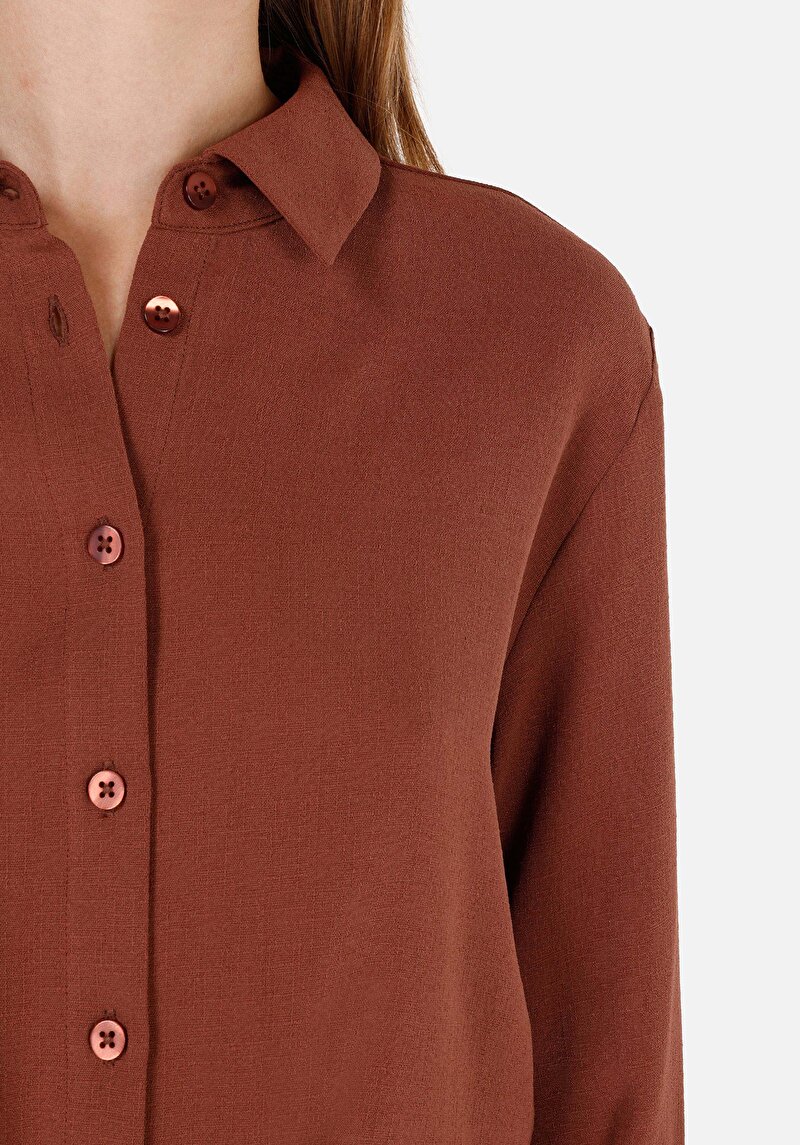Regular Fit Shirt Neck  Kadın Kahverengi Roll-up Gömlek