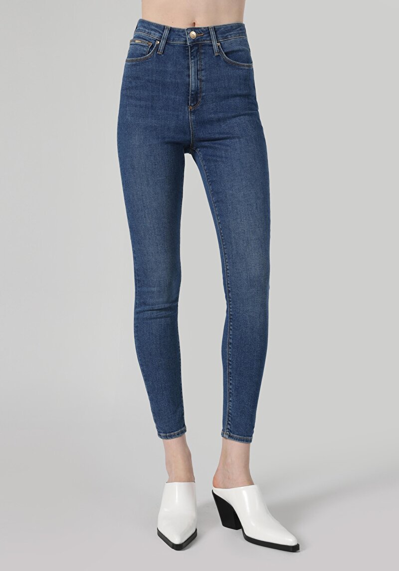 Skinny Fit Yüksel Bel Dar Paça Fermuarlı Kadın İndigo Jean Pantolon