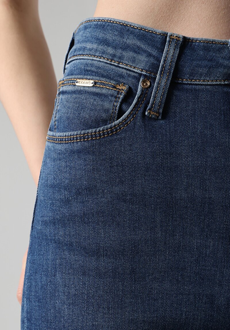 Skinny Fit Yüksel Bel Dar Paça Fermuarlı Kadın İndigo Jean Pantolon