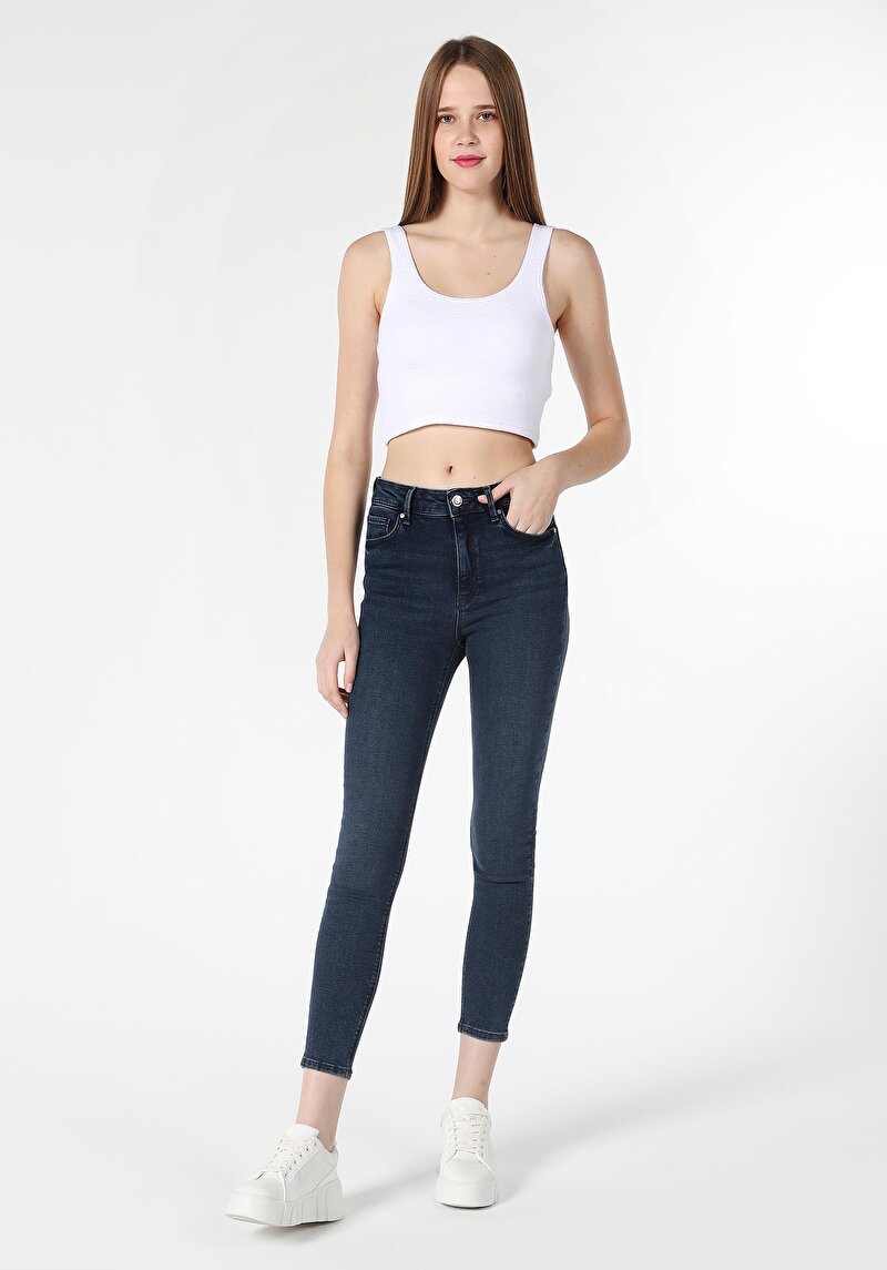 Skinny Fit Orta Bel Dar Paça Kadın İndigo Jean Pantolon
