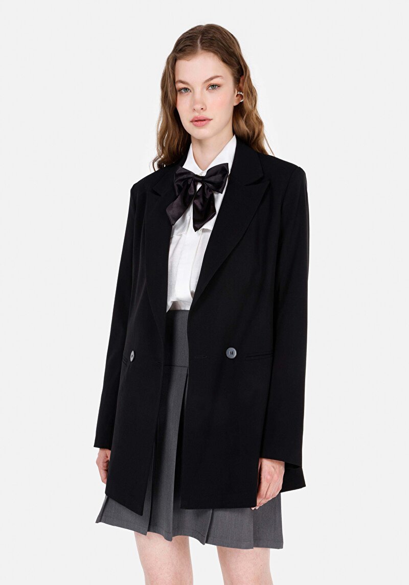 Regular Fit Dokuma Kadın Siyah Ceket